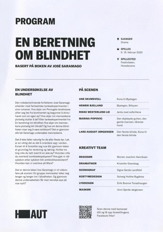 Forestillingsprogram for Haugesund Teaters produksjon En beretning om blindhet (2020)