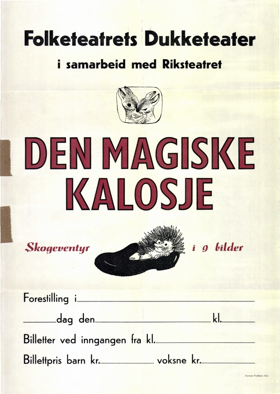 Plakat fra Folketeatrets produksjon Den magiske kalosje (1957)