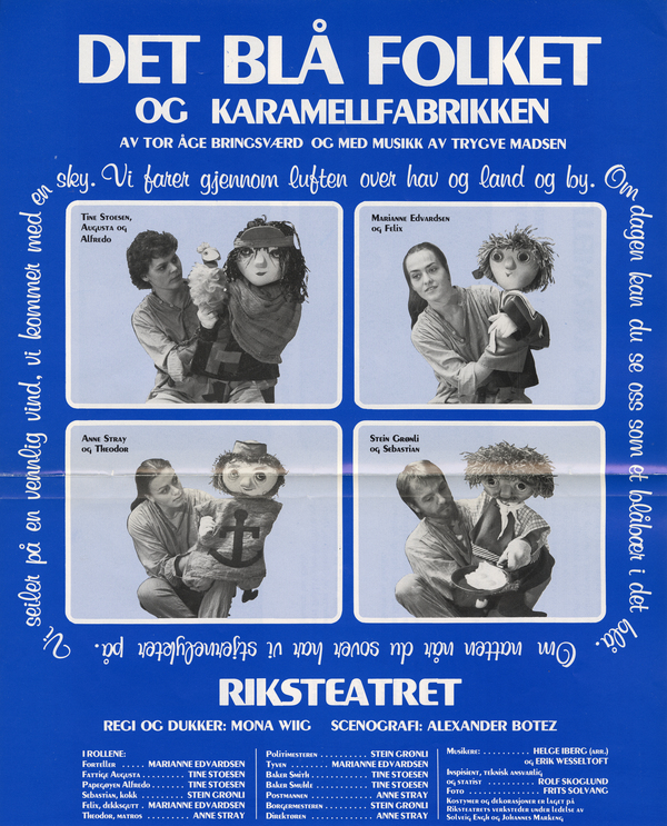 Plakat fra Riksteatrets produksjon Det blå folket og karamellfabrikken (1981).