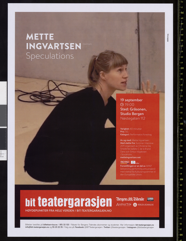 Plakat for Mette Ingvartsens produksjon Speculations  (2011). 