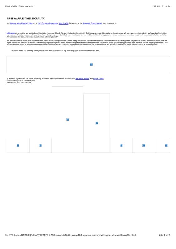 Informasjon om Baktruppens performance "First waffle, then morality" (2010)