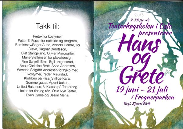 Program til Hans og Grete (2013) Sommerteater i Frognerparken