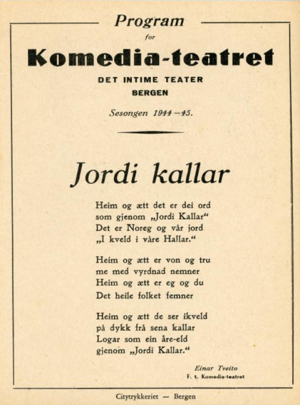 Program fra Komediateatrets produksjon Jordi kallar, 1945.