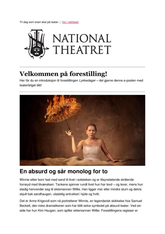 Forestillingsprogram til Nationaltheatrets produksjon Lykkedager (2020).