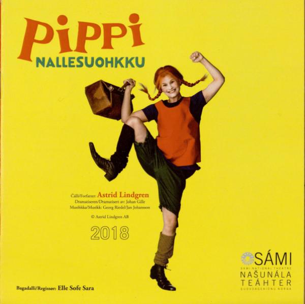 Forestillingsprogram for Beaivváš Sámi Nášunálateáhters produksjon "Pippi Nallesuohkku" (2018).