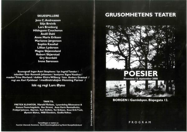 Program for Grusomhetens Teaters produksjon "Poesier" (2000)